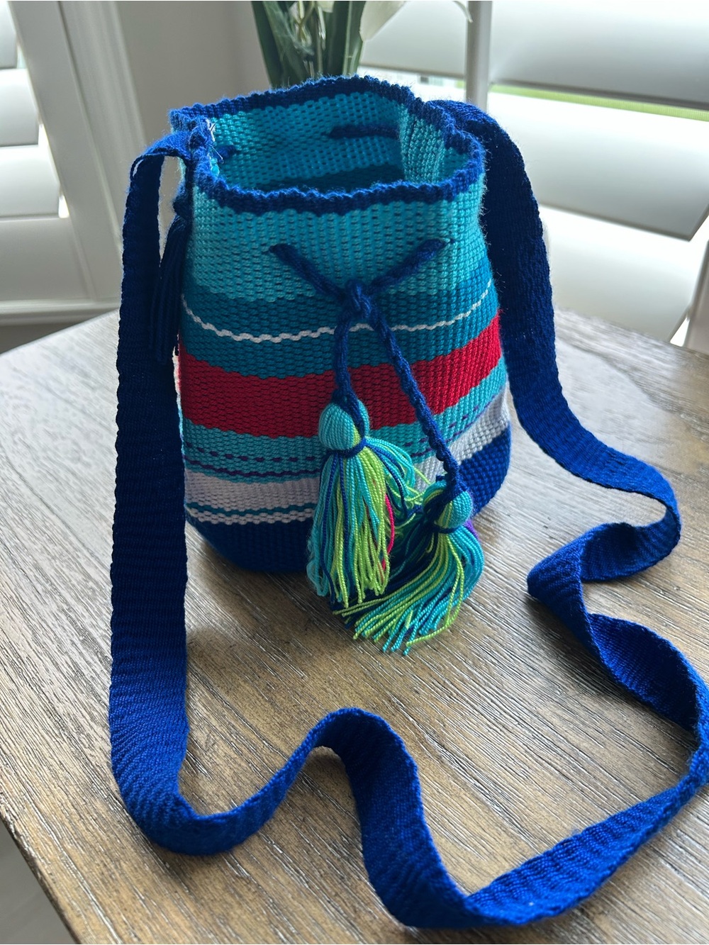 Colombian Handwoven Blue Striped Bucket Crossbody Bag with Tassels